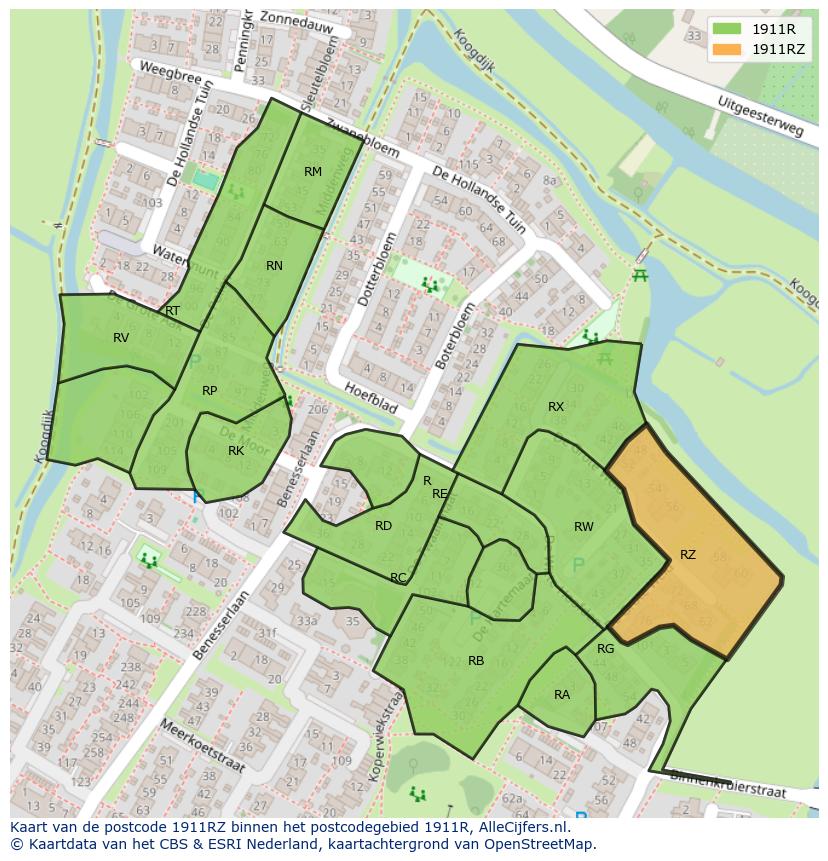 Afbeelding van het postcodegebied 1911 RZ op de kaart.