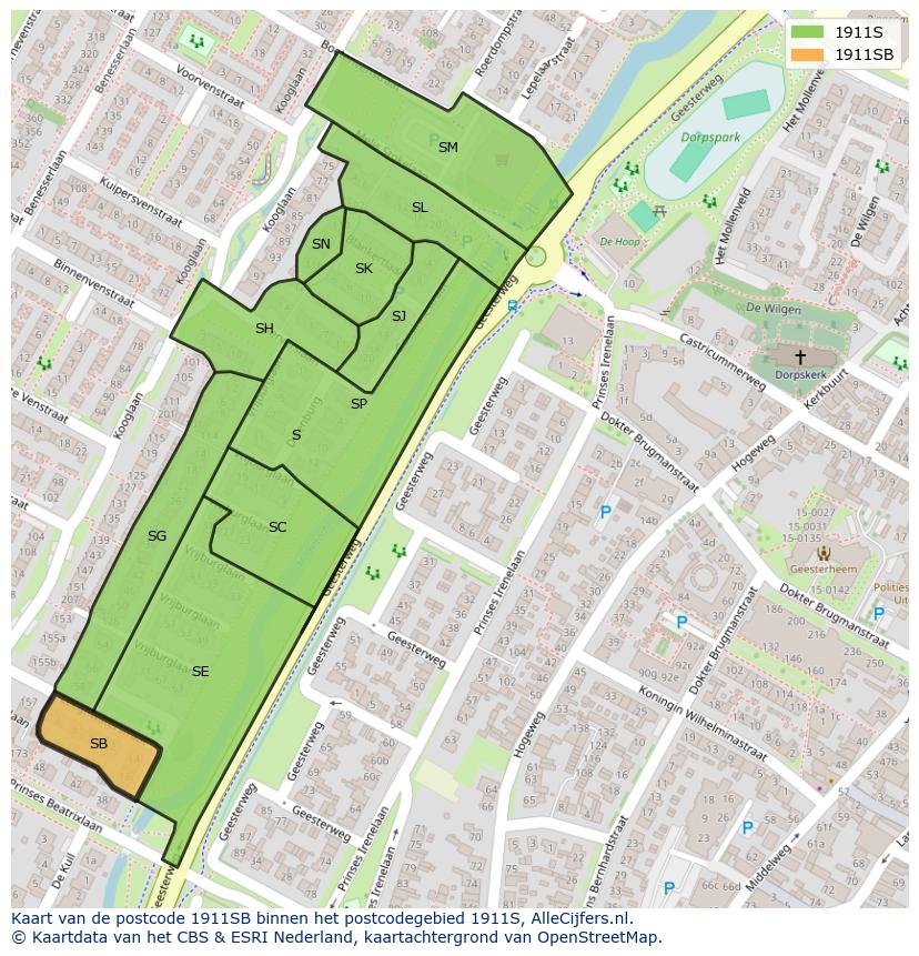 Afbeelding van het postcodegebied 1911 SB op de kaart.