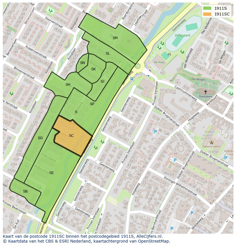 Afbeelding van het postcodegebied 1911 SC op de kaart.