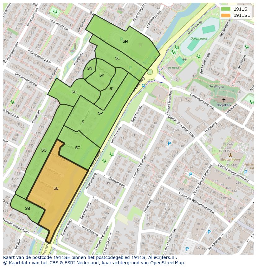 Afbeelding van het postcodegebied 1911 SE op de kaart.
