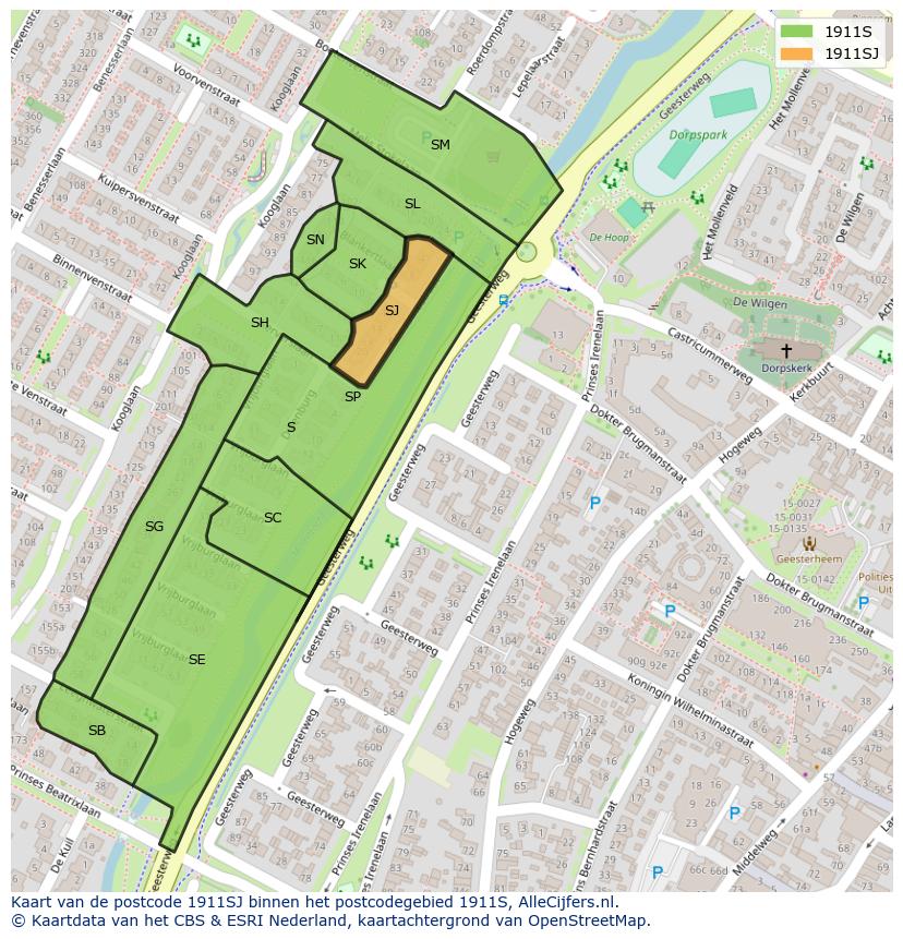 Afbeelding van het postcodegebied 1911 SJ op de kaart.