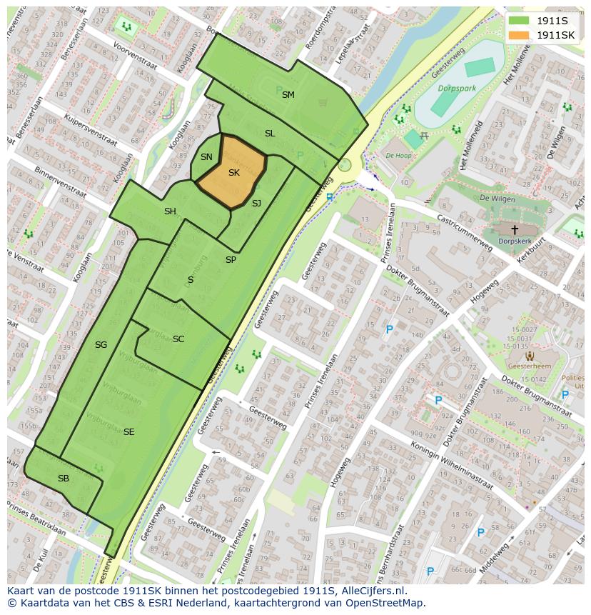 Afbeelding van het postcodegebied 1911 SK op de kaart.