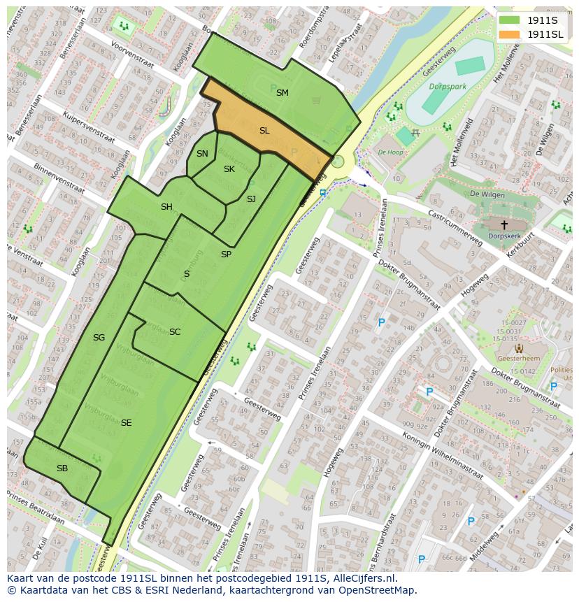 Afbeelding van het postcodegebied 1911 SL op de kaart.