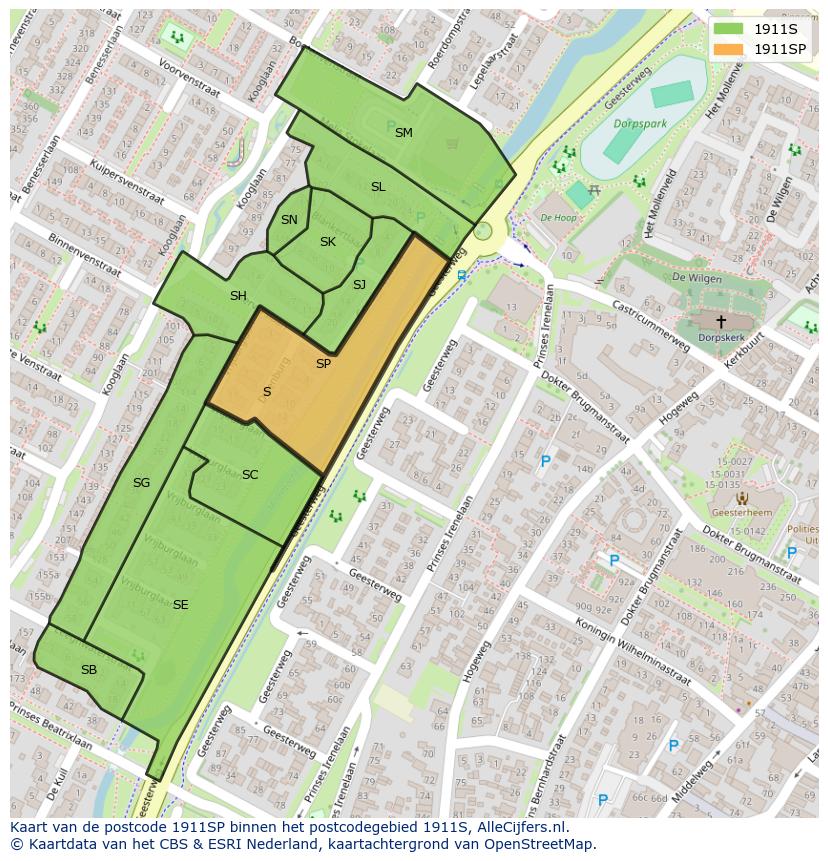 Afbeelding van het postcodegebied 1911 SP op de kaart.