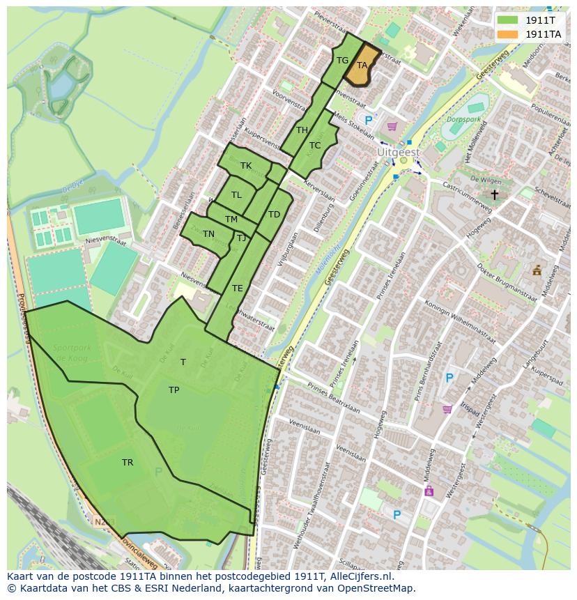 Afbeelding van het postcodegebied 1911 TA op de kaart.