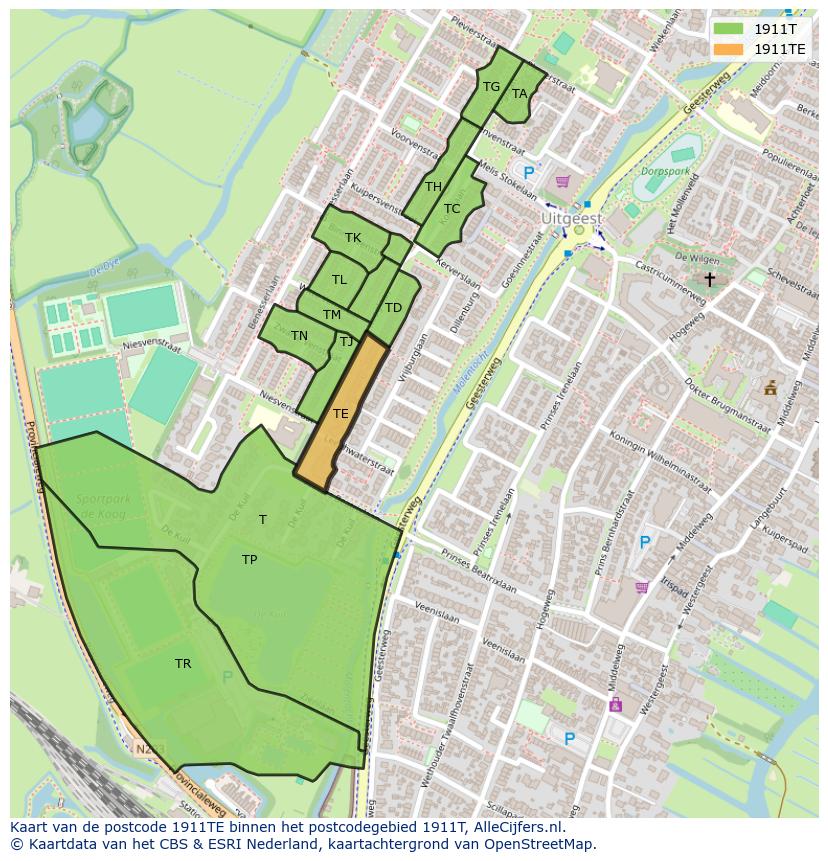 Afbeelding van het postcodegebied 1911 TE op de kaart.