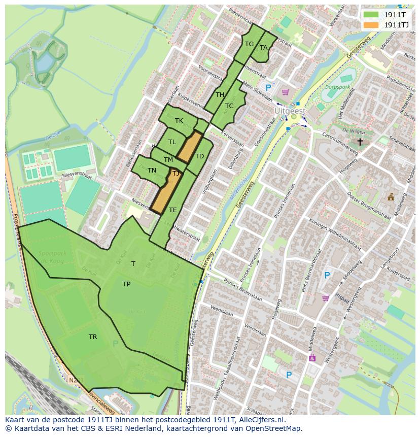 Afbeelding van het postcodegebied 1911 TJ op de kaart.
