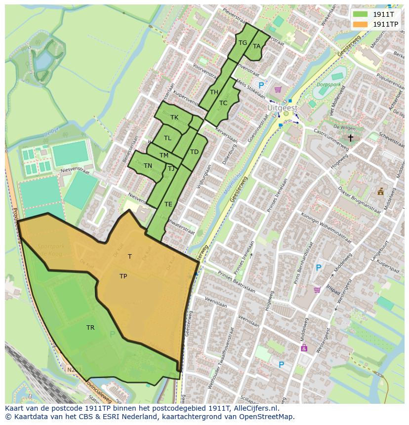 Afbeelding van het postcodegebied 1911 TP op de kaart.