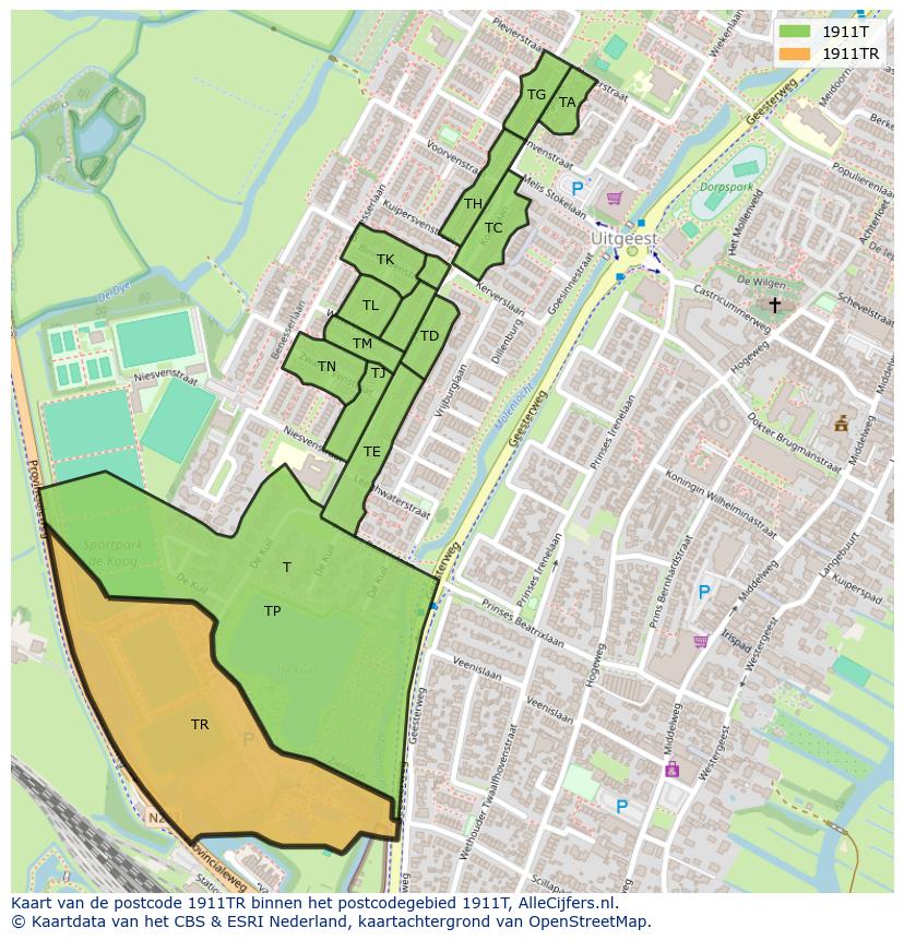 Afbeelding van het postcodegebied 1911 TR op de kaart.