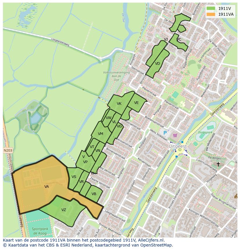 Afbeelding van het postcodegebied 1911 VA op de kaart.
