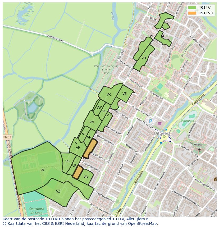 Afbeelding van het postcodegebied 1911 VH op de kaart.