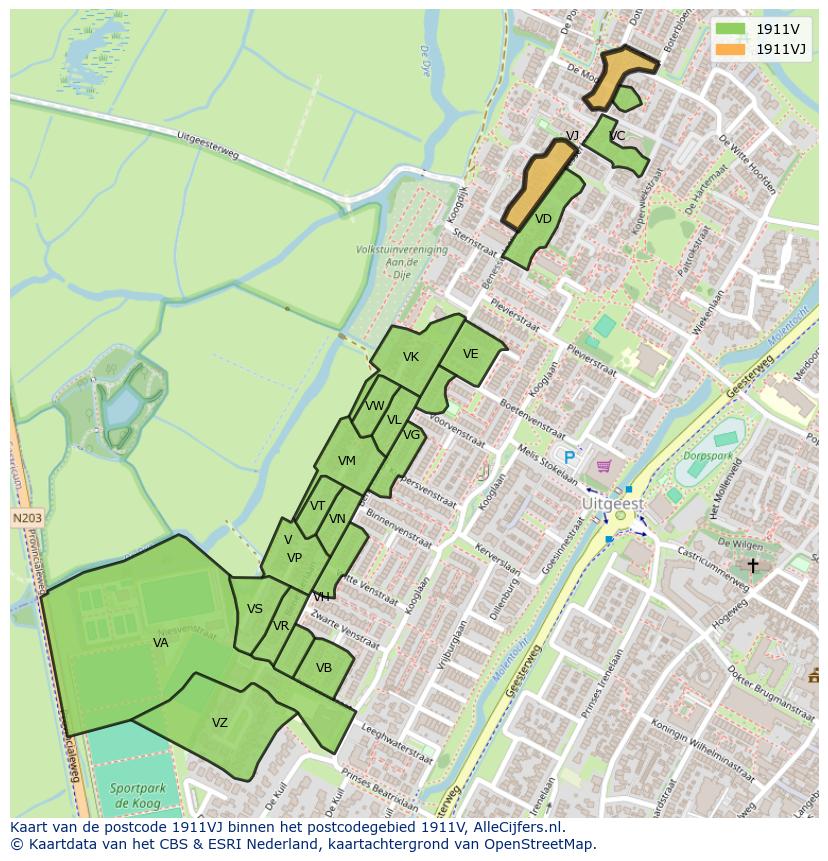 Afbeelding van het postcodegebied 1911 VJ op de kaart.
