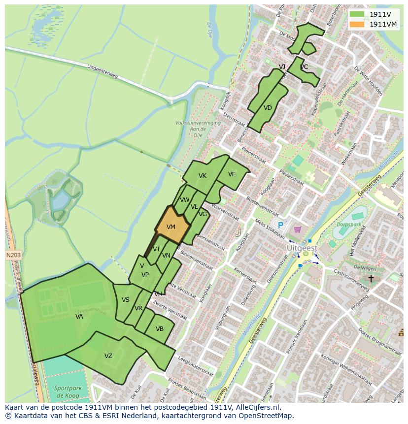 Afbeelding van het postcodegebied 1911 VM op de kaart.