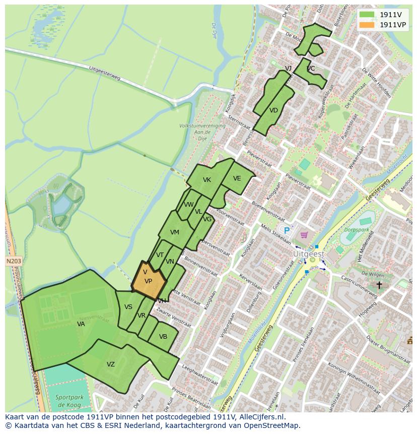 Afbeelding van het postcodegebied 1911 VP op de kaart.