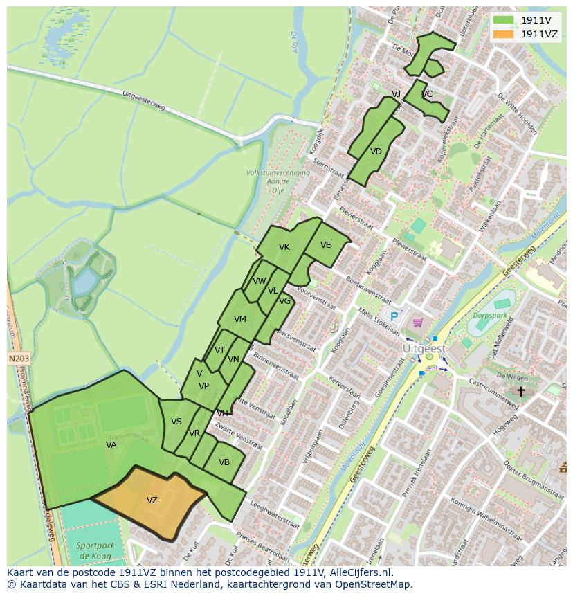 Afbeelding van het postcodegebied 1911 VZ op de kaart.
