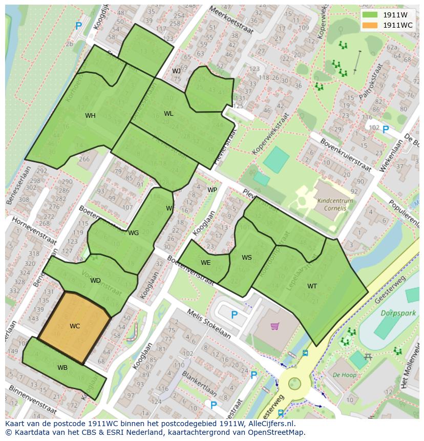 Afbeelding van het postcodegebied 1911 WC op de kaart.