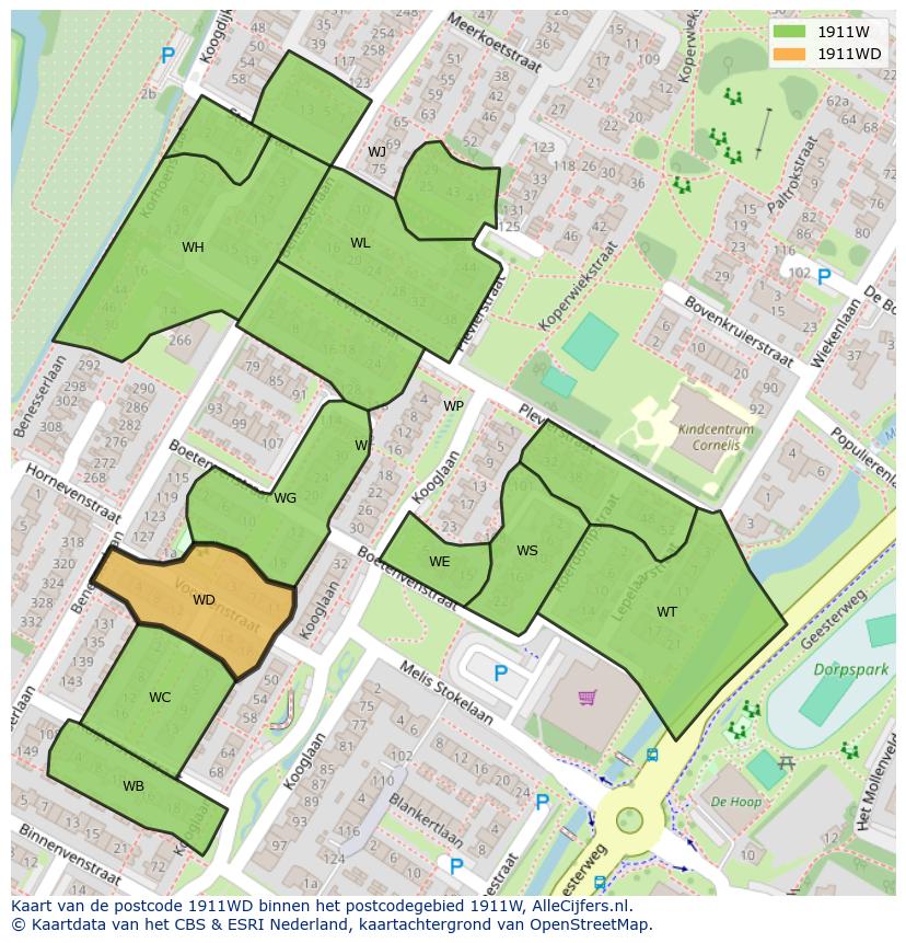 Afbeelding van het postcodegebied 1911 WD op de kaart.