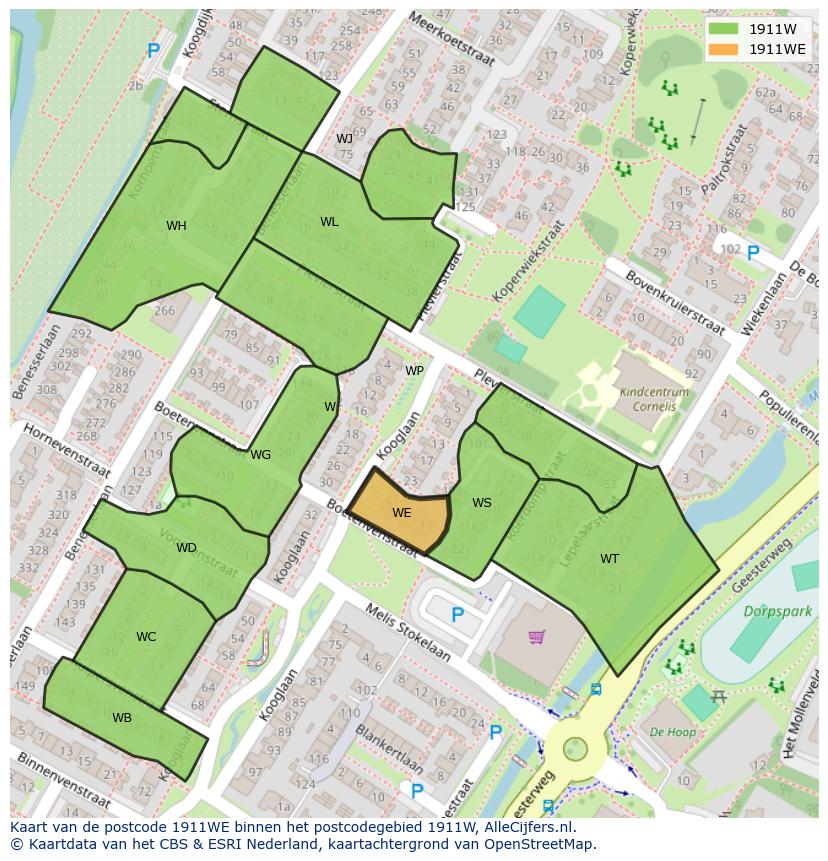 Afbeelding van het postcodegebied 1911 WE op de kaart.