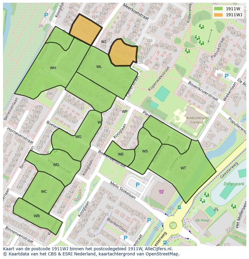 Afbeelding van het postcodegebied 1911 WJ op de kaart.