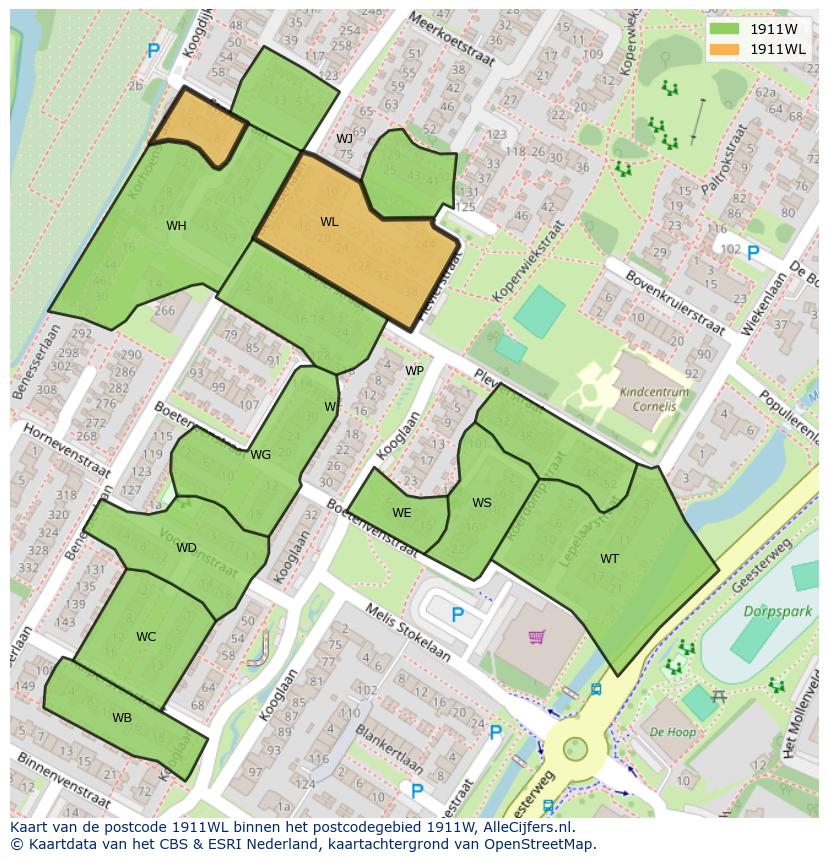 Afbeelding van het postcodegebied 1911 WL op de kaart.