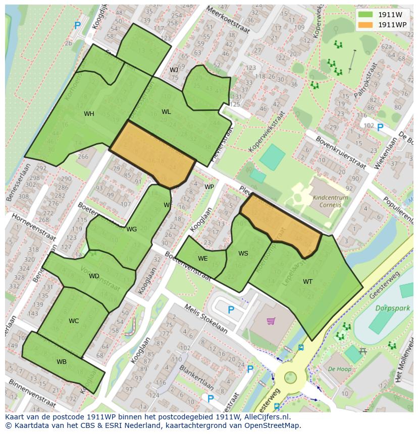 Afbeelding van het postcodegebied 1911 WP op de kaart.