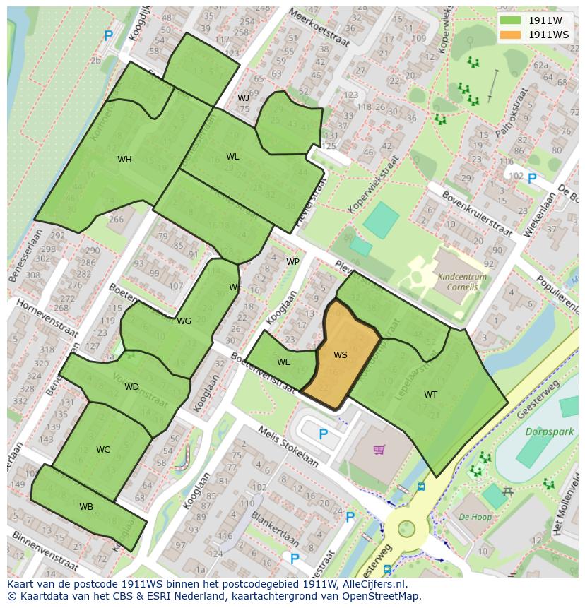 Afbeelding van het postcodegebied 1911 WS op de kaart.
