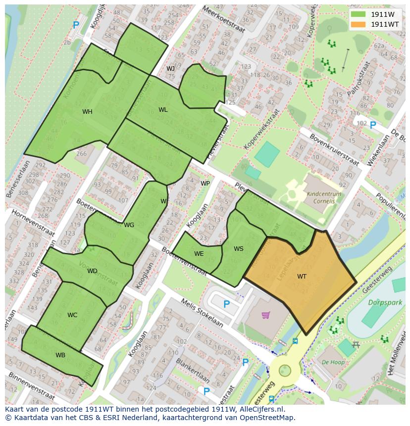 Afbeelding van het postcodegebied 1911 WT op de kaart.