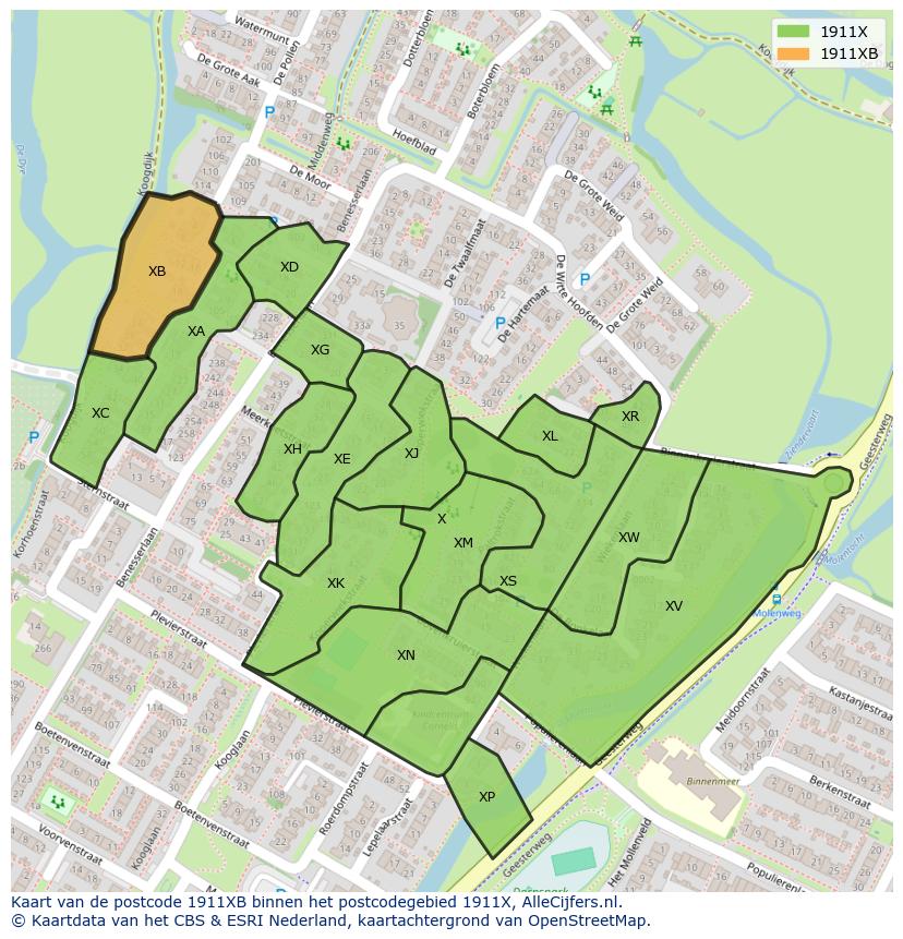 Afbeelding van het postcodegebied 1911 XB op de kaart.