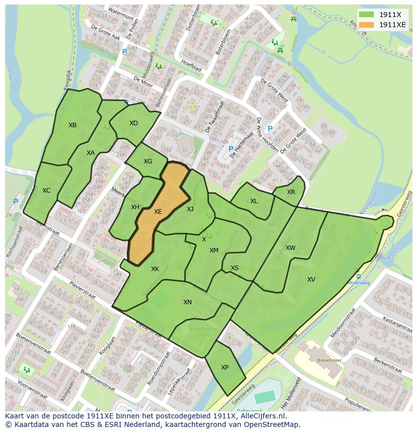Afbeelding van het postcodegebied 1911 XE op de kaart.