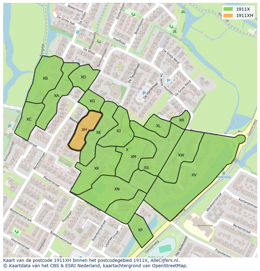 Afbeelding van het postcodegebied 1911 XH op de kaart.
