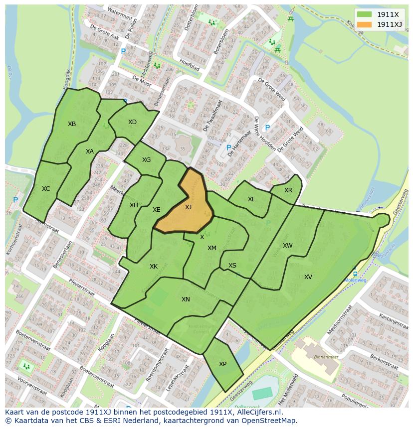 Afbeelding van het postcodegebied 1911 XJ op de kaart.