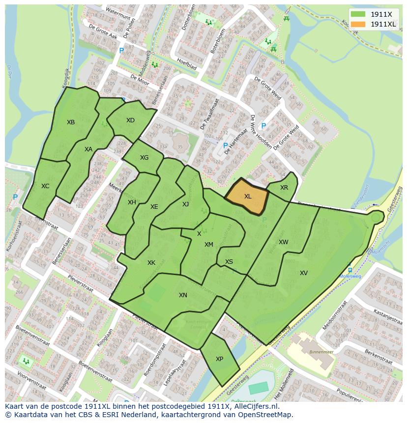 Afbeelding van het postcodegebied 1911 XL op de kaart.