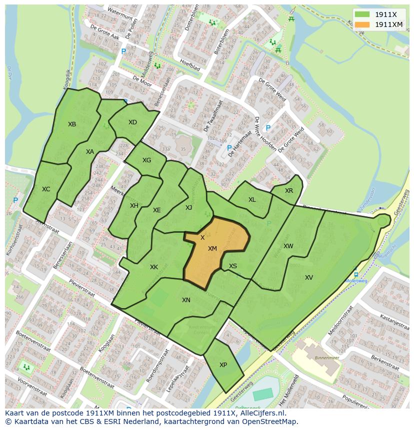 Afbeelding van het postcodegebied 1911 XM op de kaart.