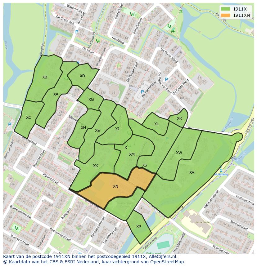 Afbeelding van het postcodegebied 1911 XN op de kaart.