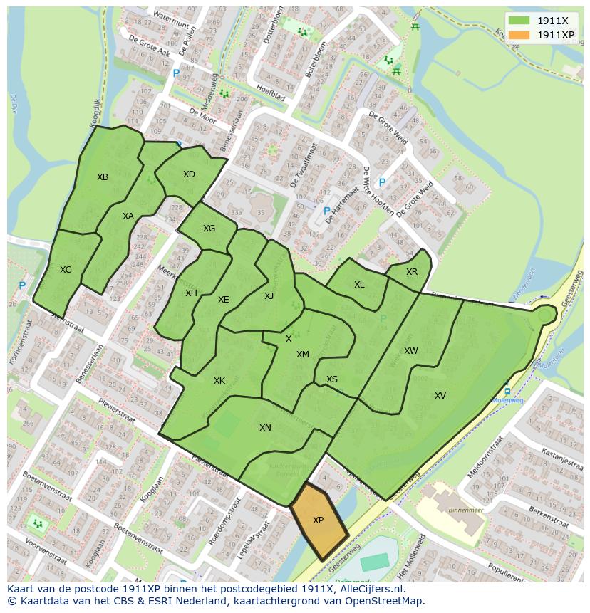 Afbeelding van het postcodegebied 1911 XP op de kaart.