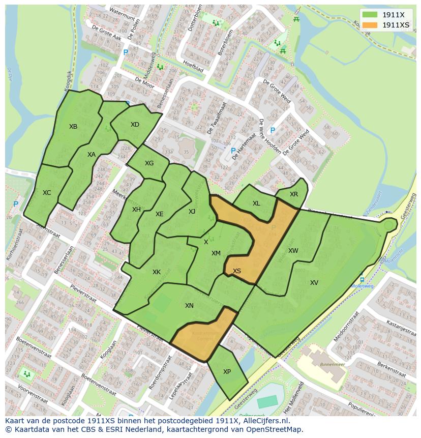 Afbeelding van het postcodegebied 1911 XS op de kaart.