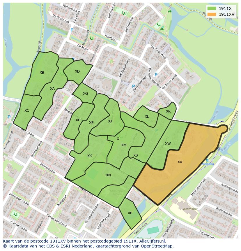 Afbeelding van het postcodegebied 1911 XV op de kaart.