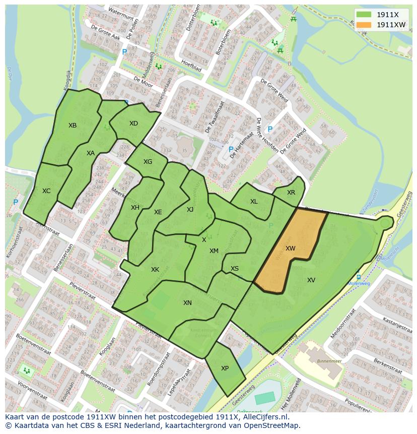 Afbeelding van het postcodegebied 1911 XW op de kaart.