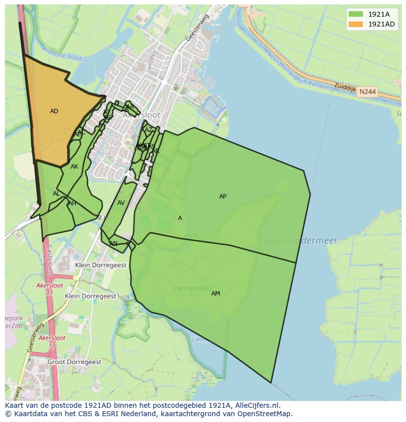 Afbeelding van het postcodegebied 1921 AD op de kaart.