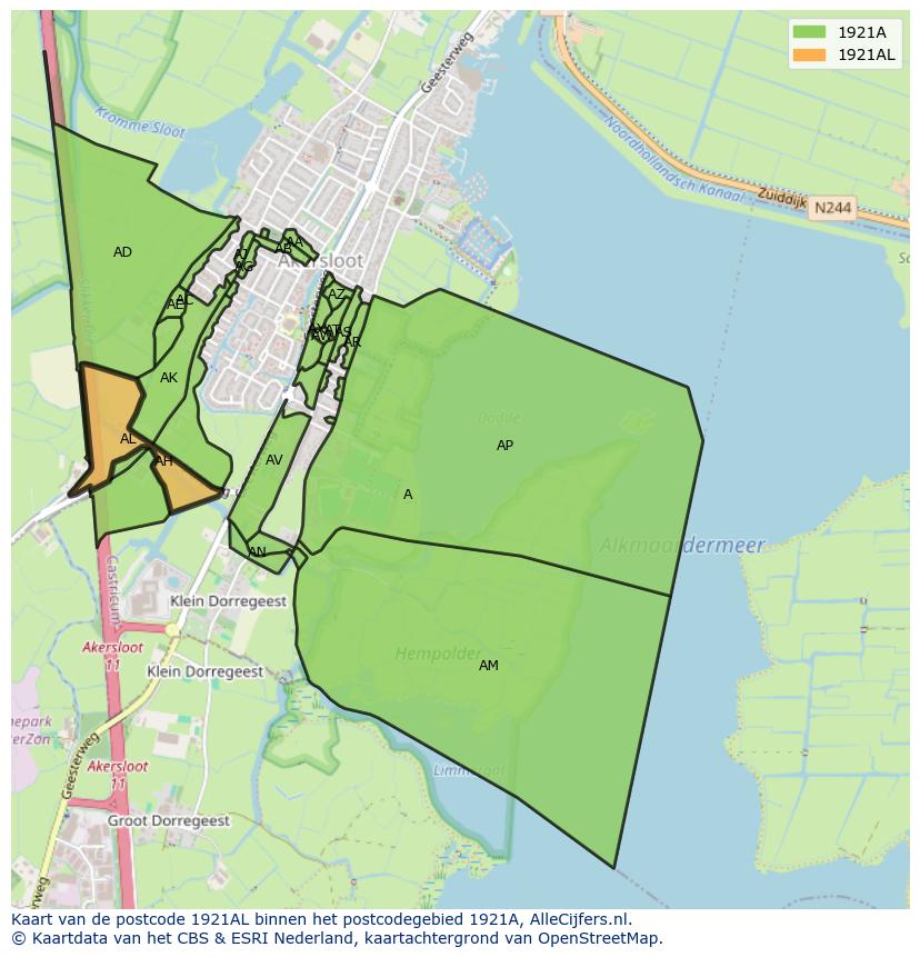 Afbeelding van het postcodegebied 1921 AL op de kaart.