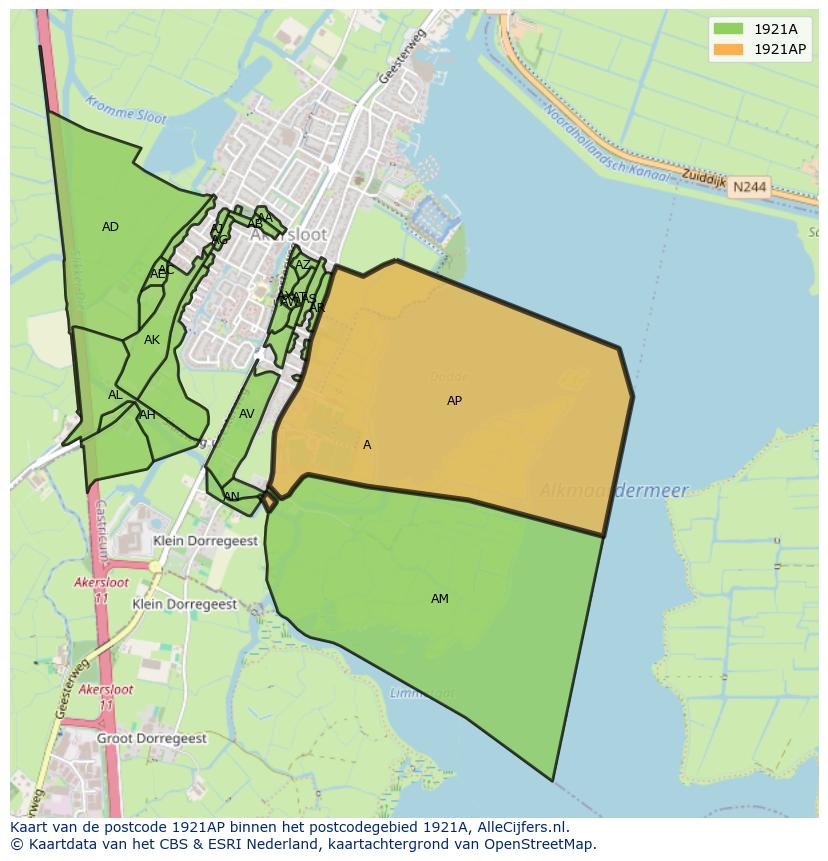 Afbeelding van het postcodegebied 1921 AP op de kaart.