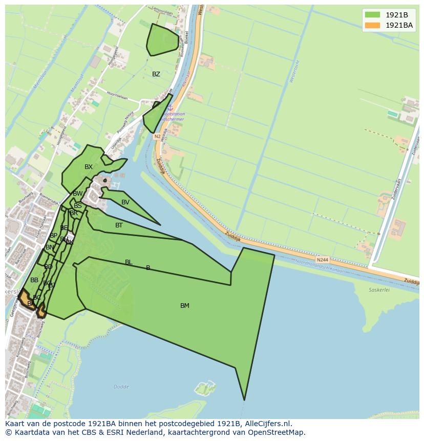 Afbeelding van het postcodegebied 1921 BA op de kaart.