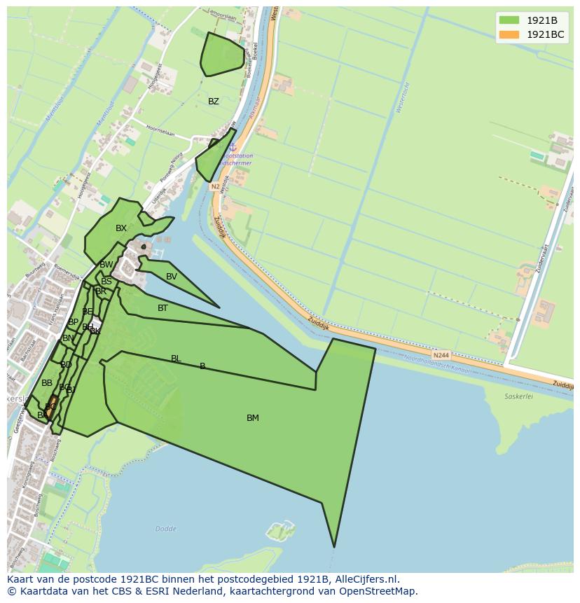Afbeelding van het postcodegebied 1921 BC op de kaart.