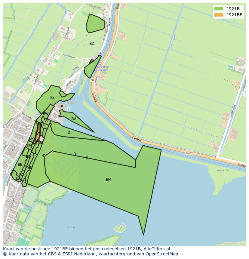 Afbeelding van het postcodegebied 1921 BE op de kaart.