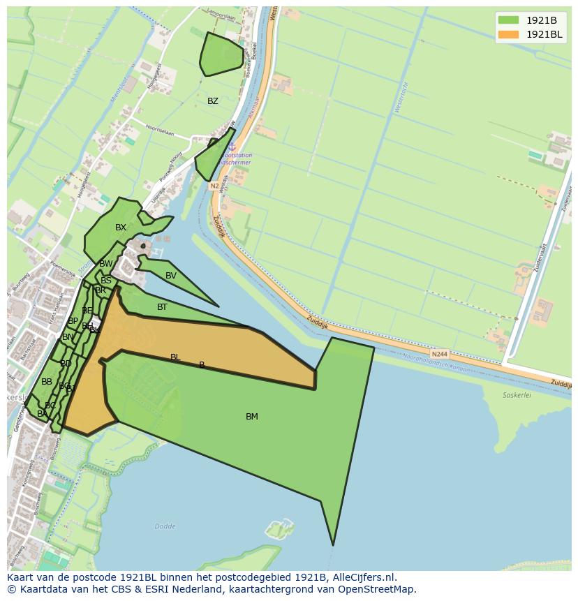 Afbeelding van het postcodegebied 1921 BL op de kaart.