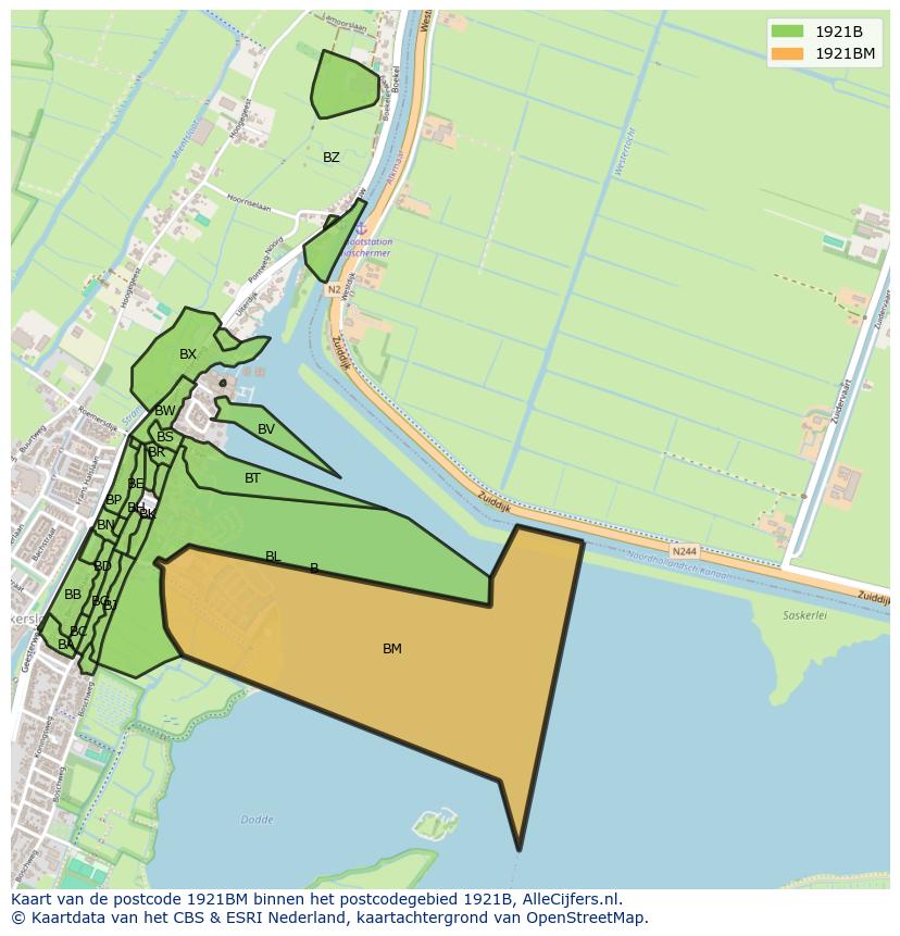 Afbeelding van het postcodegebied 1921 BM op de kaart.
