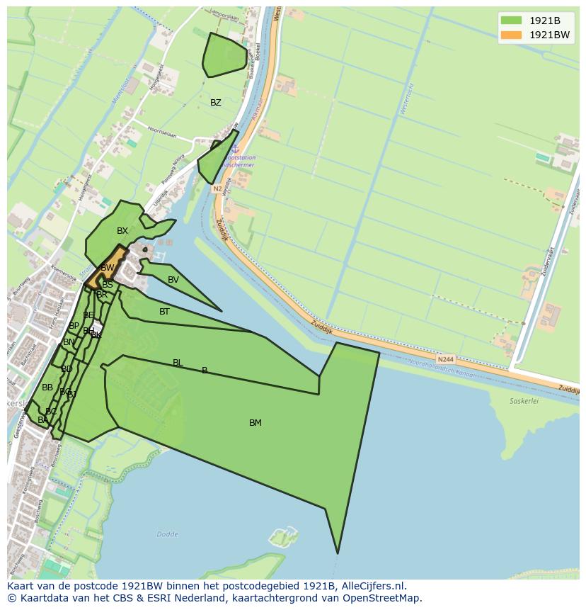 Afbeelding van het postcodegebied 1921 BW op de kaart.