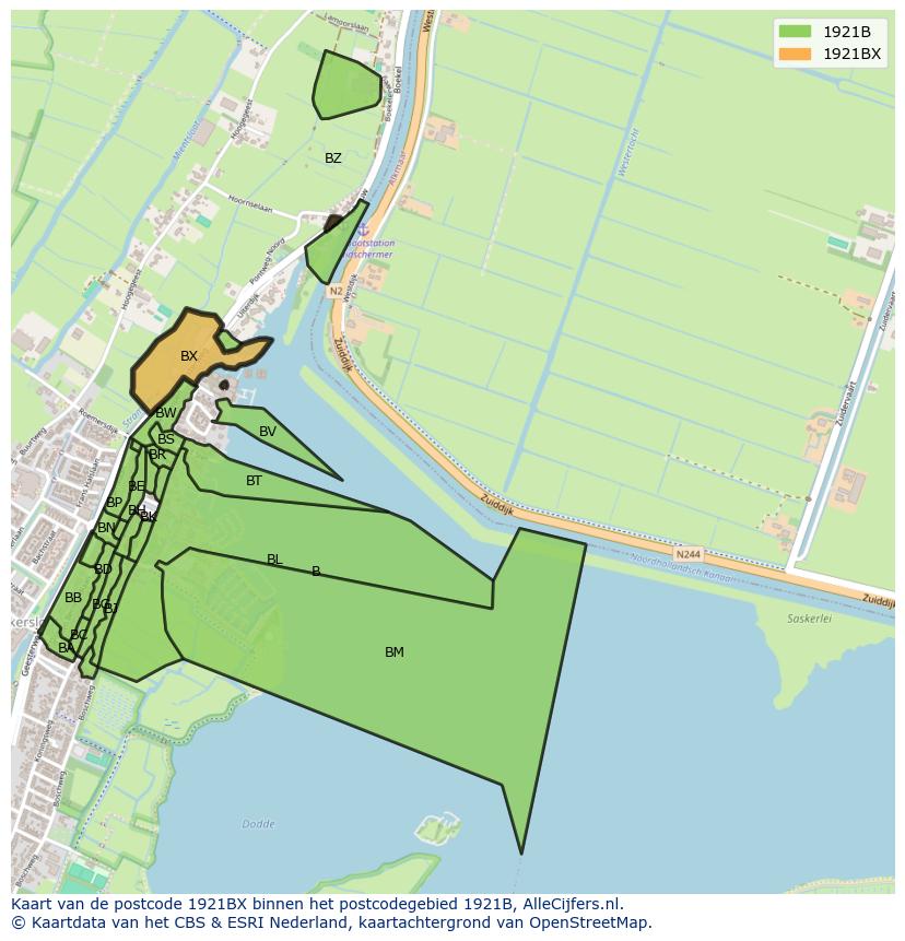 Afbeelding van het postcodegebied 1921 BX op de kaart.