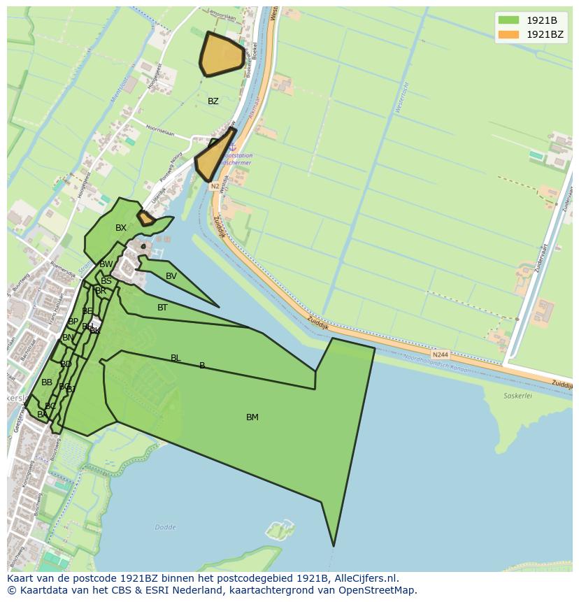Afbeelding van het postcodegebied 1921 BZ op de kaart.