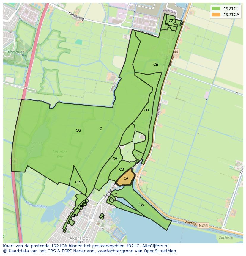 Afbeelding van het postcodegebied 1921 CA op de kaart.